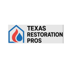 Logo: blue house outline with a red flame and water drop, beside bold text 'TEXAS RESTORATION PROS'.
